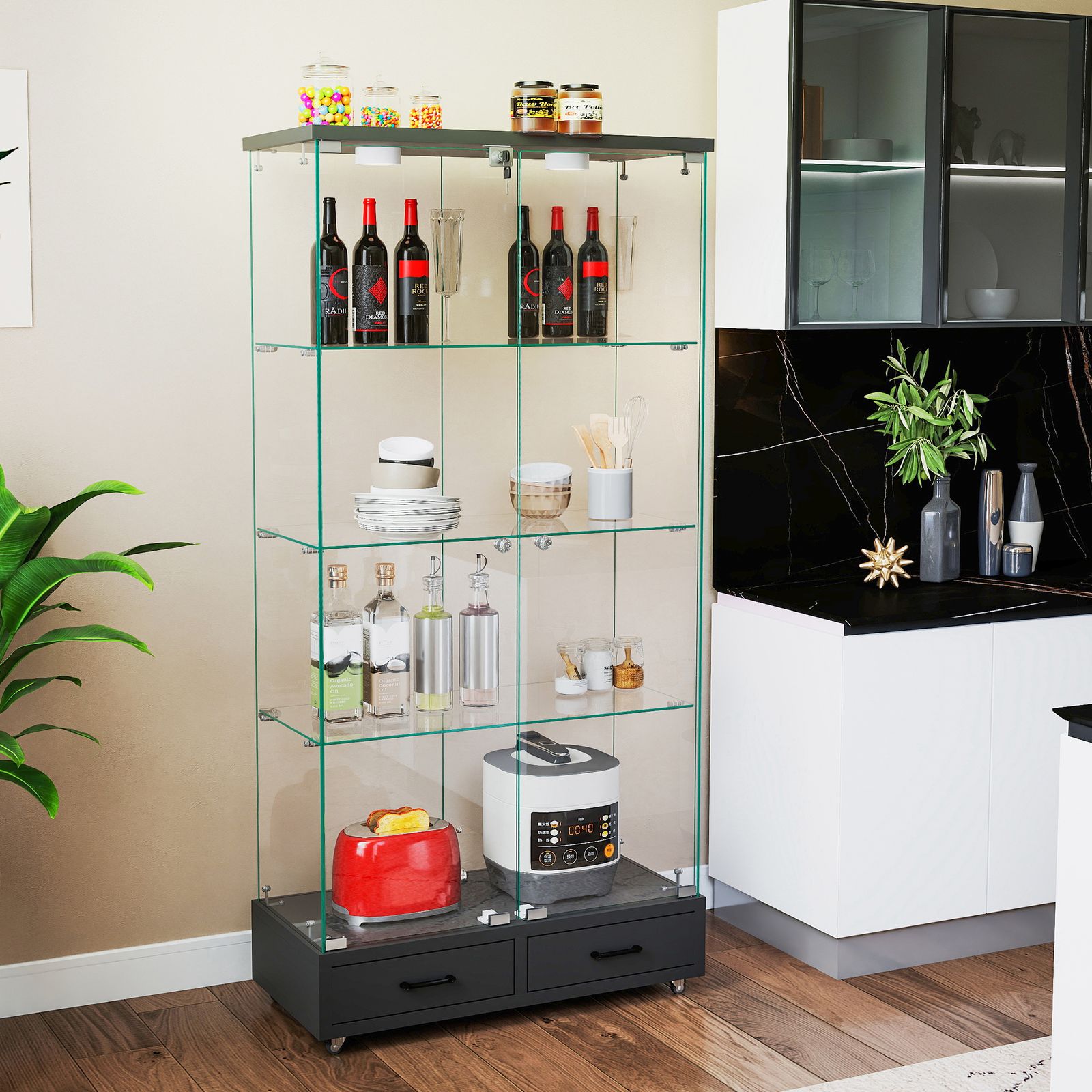 ホワイト LED照明・引き出し付き ガラス収納キャビネット 強化ガラス 4段 楽天市場】LED照明＆引き出し付き ガラスディスプレイキャビネット｜鍵