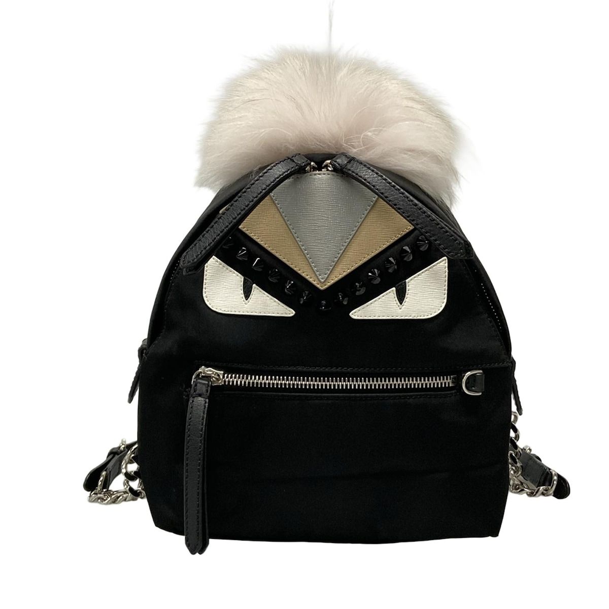FENDI フェンディ リュックサック モンスター ミニ バックパック 8BZ038 黒×白×マルチ スタッズ レザー ファー フォックス