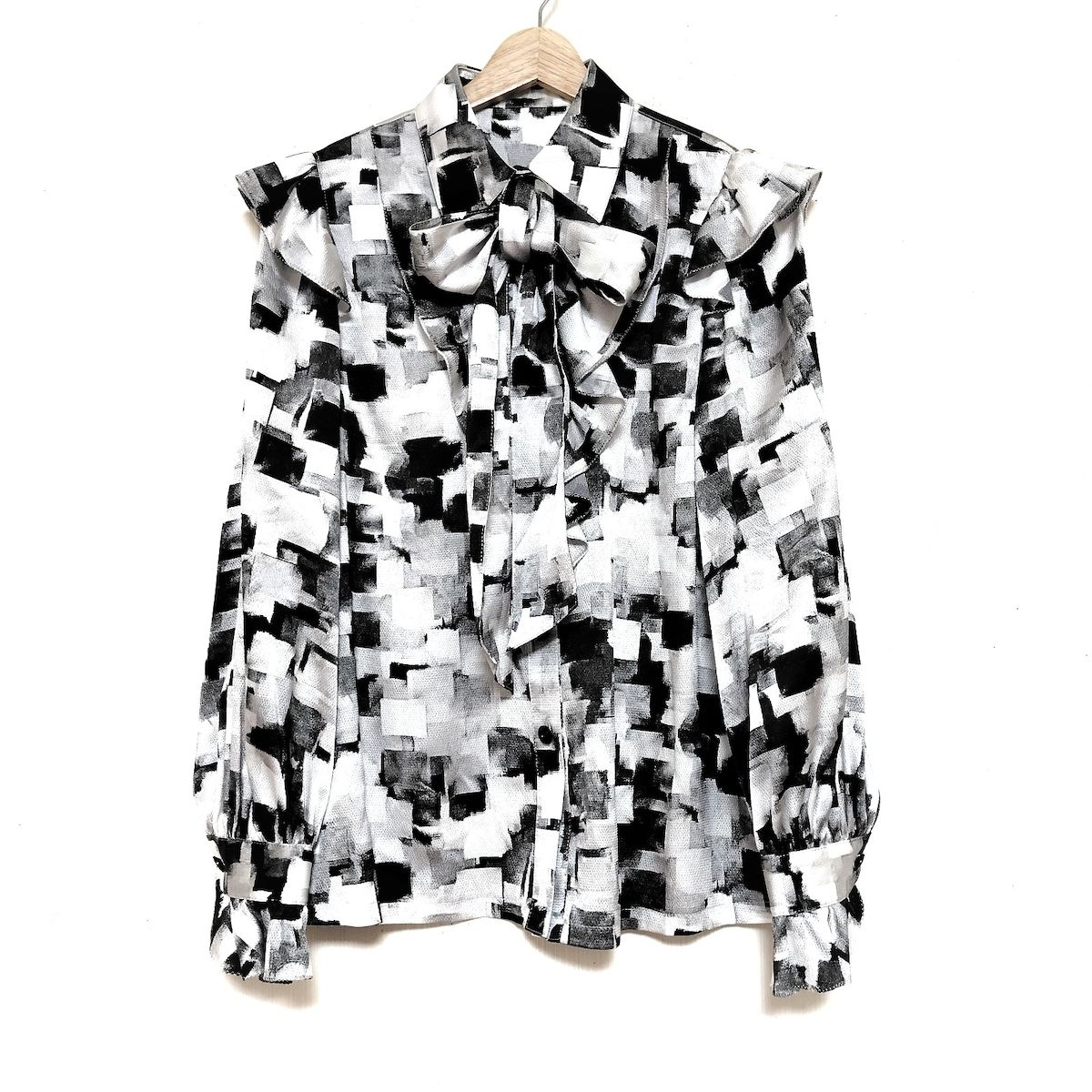JUN ASHIDA ジュンアシダ 長袖シャツブラウス サイズ9 M レディース - ライトグレー×黒×マルチ フリル リボン