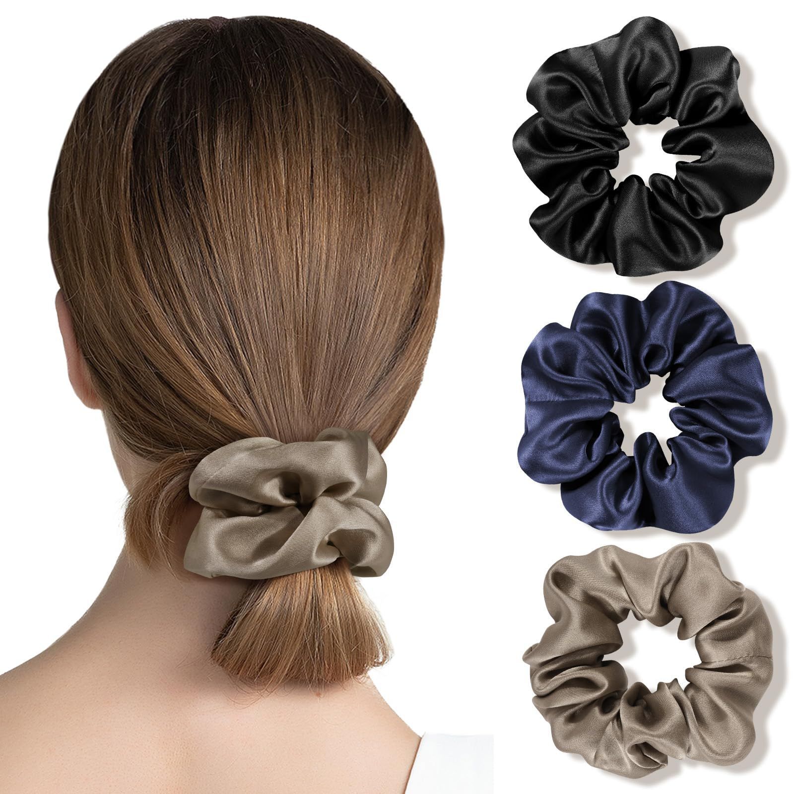 【特価商品】OLESILK ヘアゴム シュシュ シルク 100％ 髪ゴム 大人 跡がつかない おしゃれ ヘアキャップ 3個セット 22匁 髪留め 髪ゴム 4cm ブラック+ネイビー+トープ
