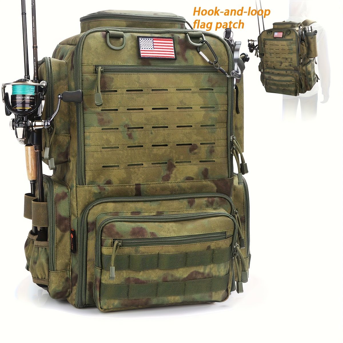 大容量45L&ロッドホルダー付き フィッシングバッグ 釣りバッグ 釣り用バックパック 釣り リュックサック 釣り具収納 タックルバッグ キャンプ ハイキング 釣り人へのギフトに最適 グリーンカモ
