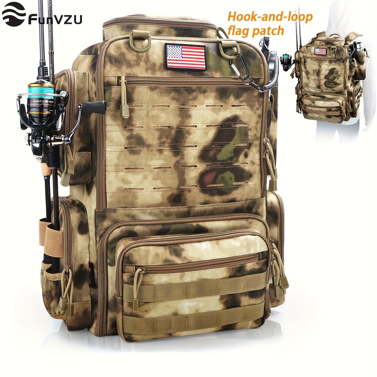 大容量45L&ロッドホルダー付き フィッシングバッグ 釣りバッグ 釣り用バックパック 釣り リュックサック 釣り具収納 タックルバッグ キャンプ ハイキング 釣り人へのギフトに最適 カーキカモ