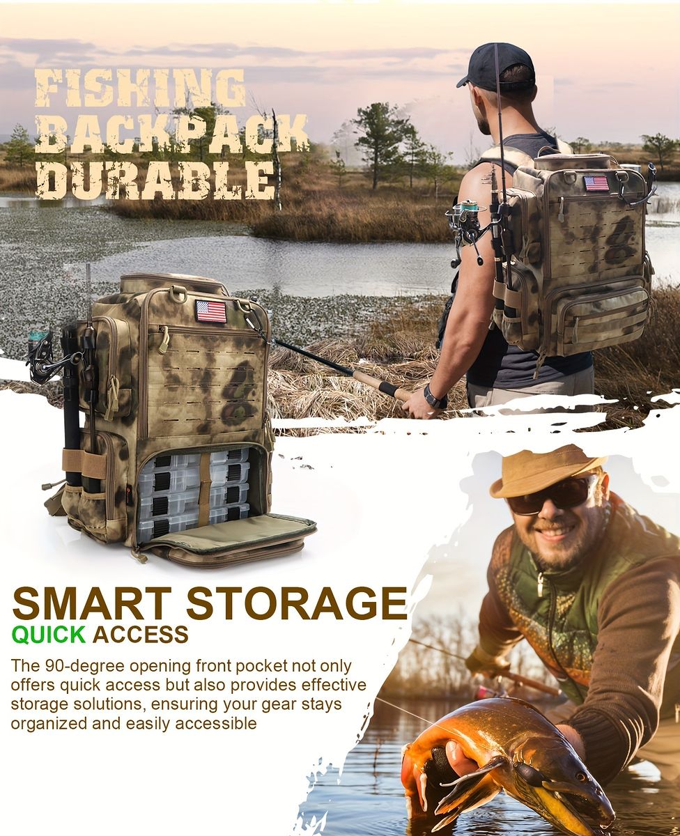 大容量45L＆ロッドホルダー付き フィッシングバッグ 釣りバッグ 釣り用バックパック 釣り リュックサック 釣り具収納 タックルバッグ キャンプ ハイキング 釣り人へのギフトに最適 カーキカモ OLIVEOS_COM_TR