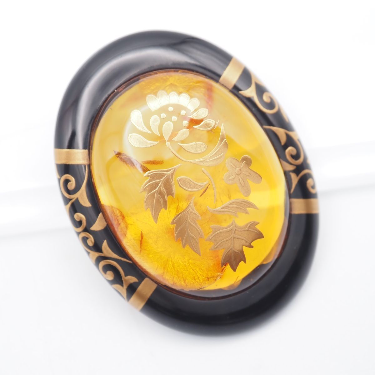 H 955 琥珀 コハク アンバー 鼈甲 べっ甲 ブローチ フラワー デザイン