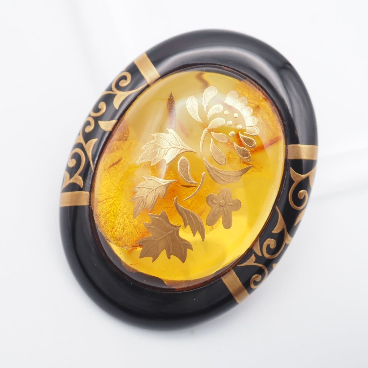 H955 琥珀 コハク アンバー 鼈甲 べっ甲 ブローチ フラワー デザイン