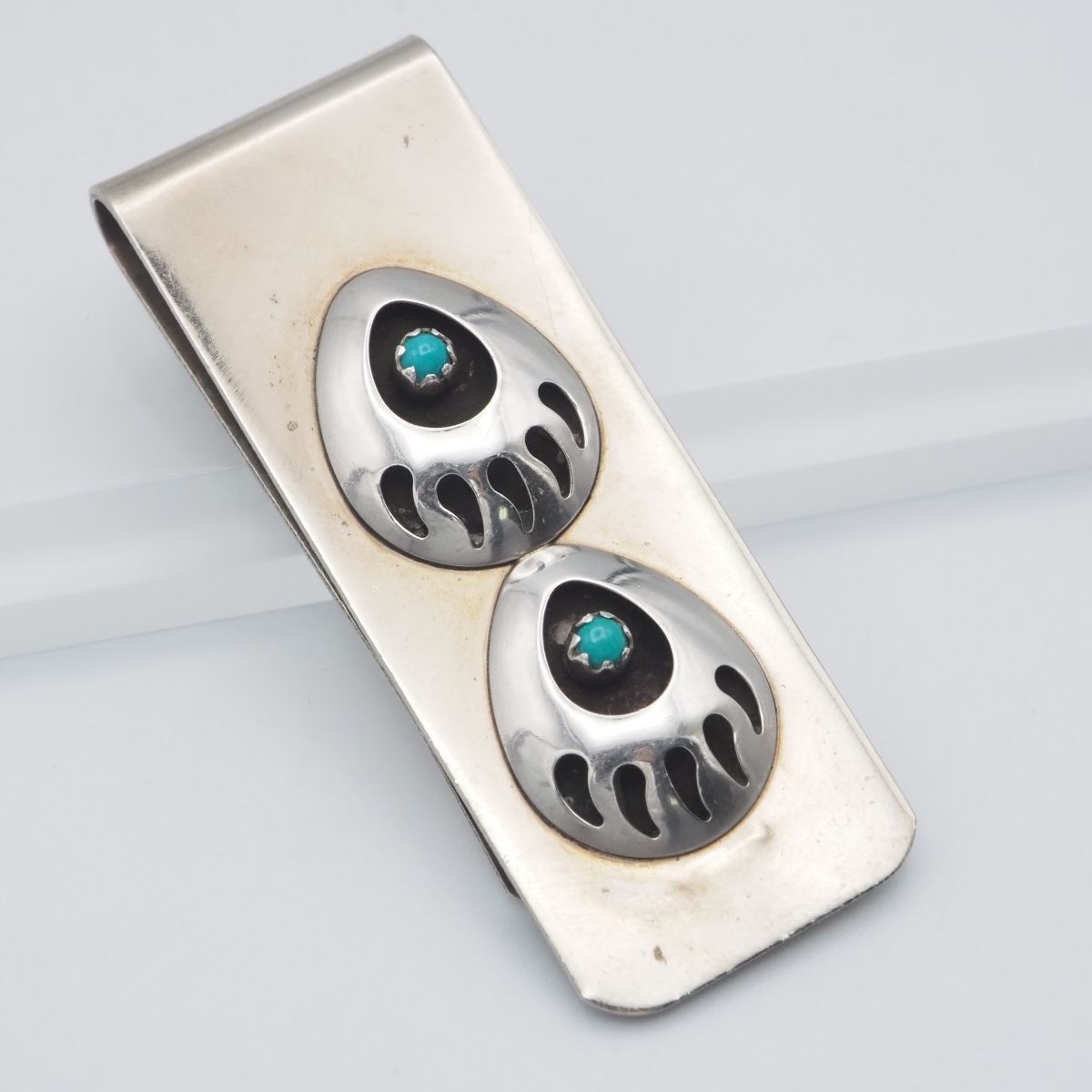 H807 ナバホ ターコイズ トルコ石 STERLING刻印 マネークリップ ベアパウ デザイン シルバー インディアンジュエリー 12月誕生石