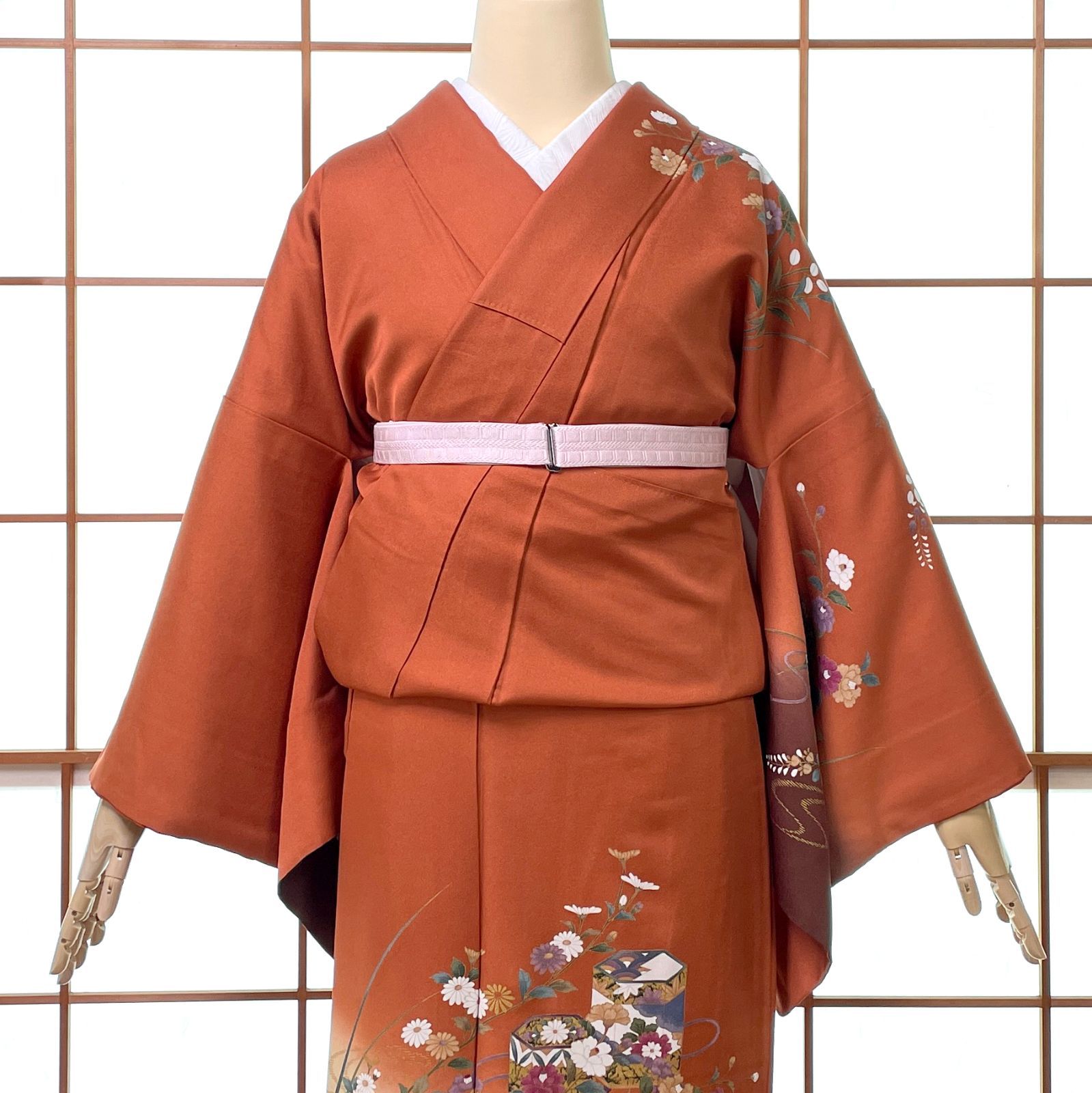 中古品】「赤紫 ぼかしに紫の花」訪問着 単品 袷 正絹【メール便