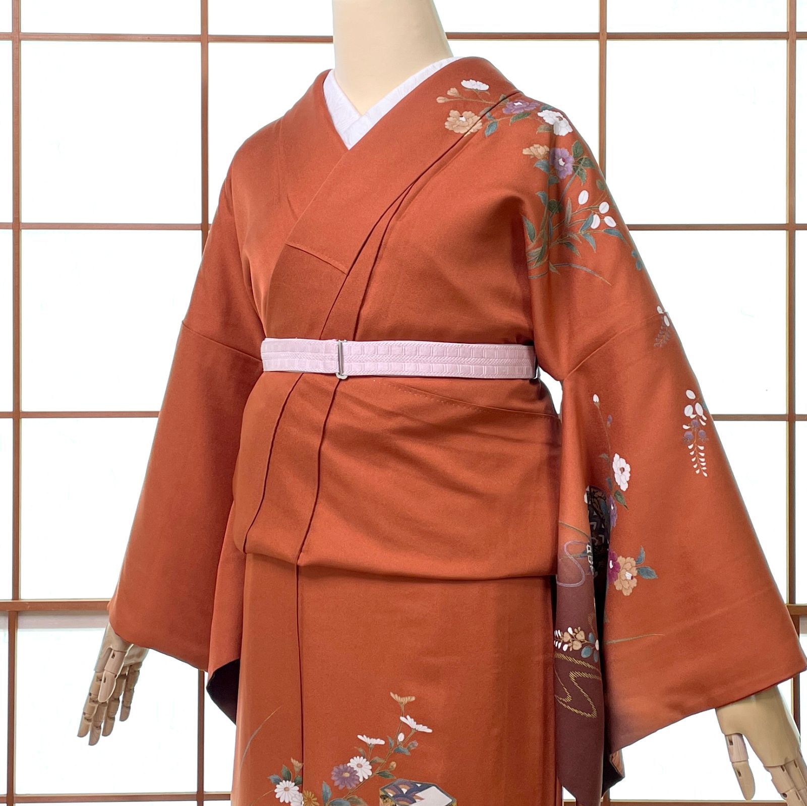 訪問着 袷 正絹 金彩 貝桶 四季草花 赤茶色 着物 kimonolove【リユース