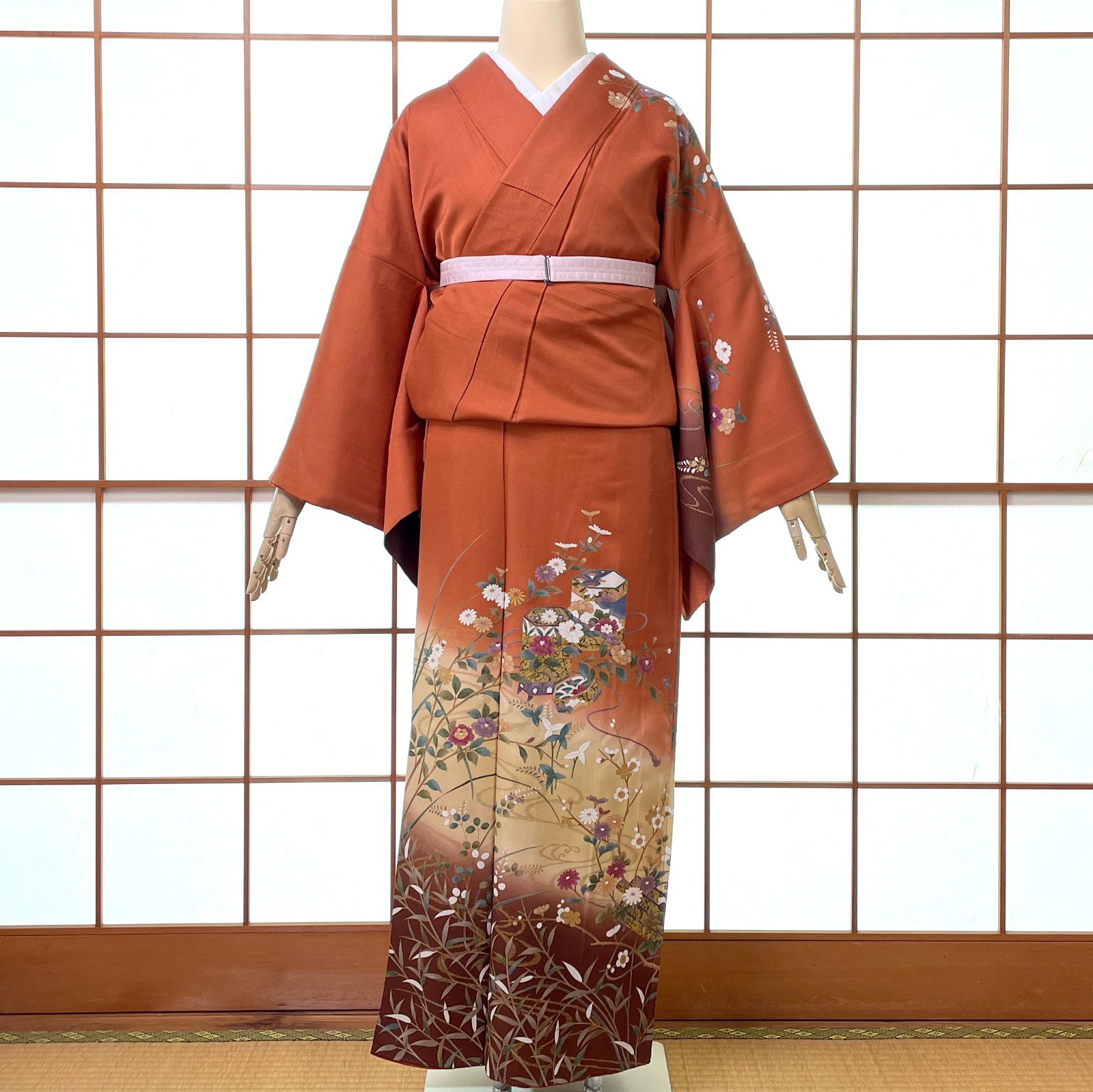 訪問着 袷 正絹 金彩 貝桶 四季草花 赤茶色 着物 kimonolove【リユース