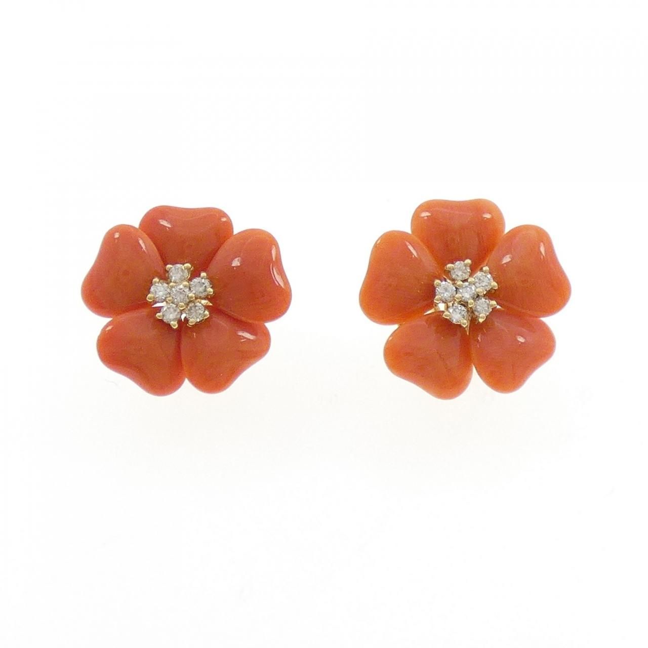 K18YG フラワー サンゴ ピアス イヤリング