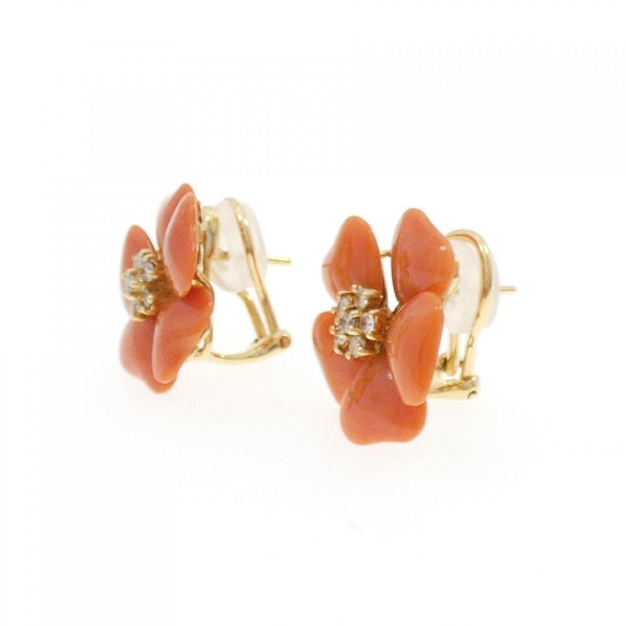 K 18 YG フラワー サンゴ ピアス イヤリング