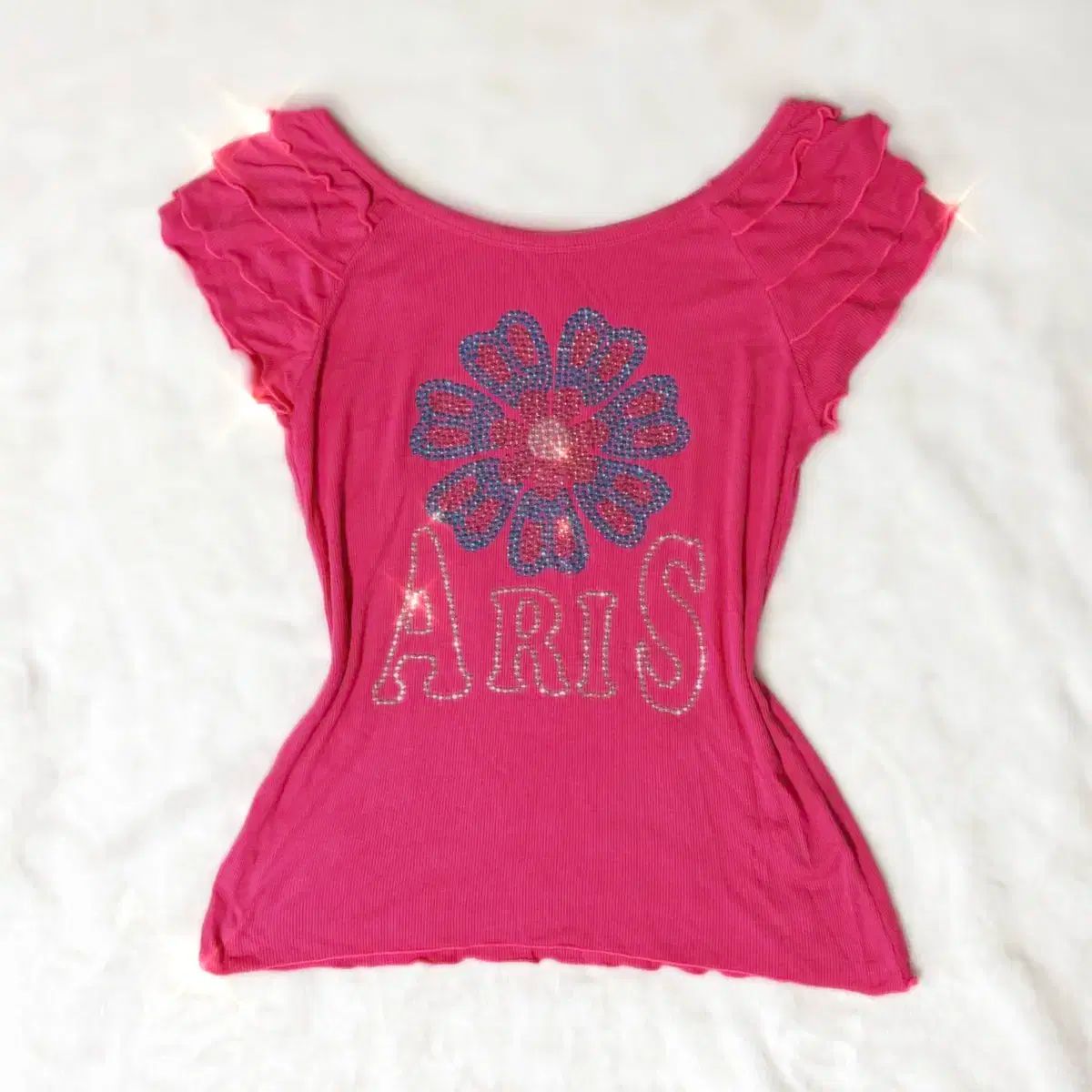 Aris ギャル風 y2kクリスタル フリル ゴージ Tシャツ