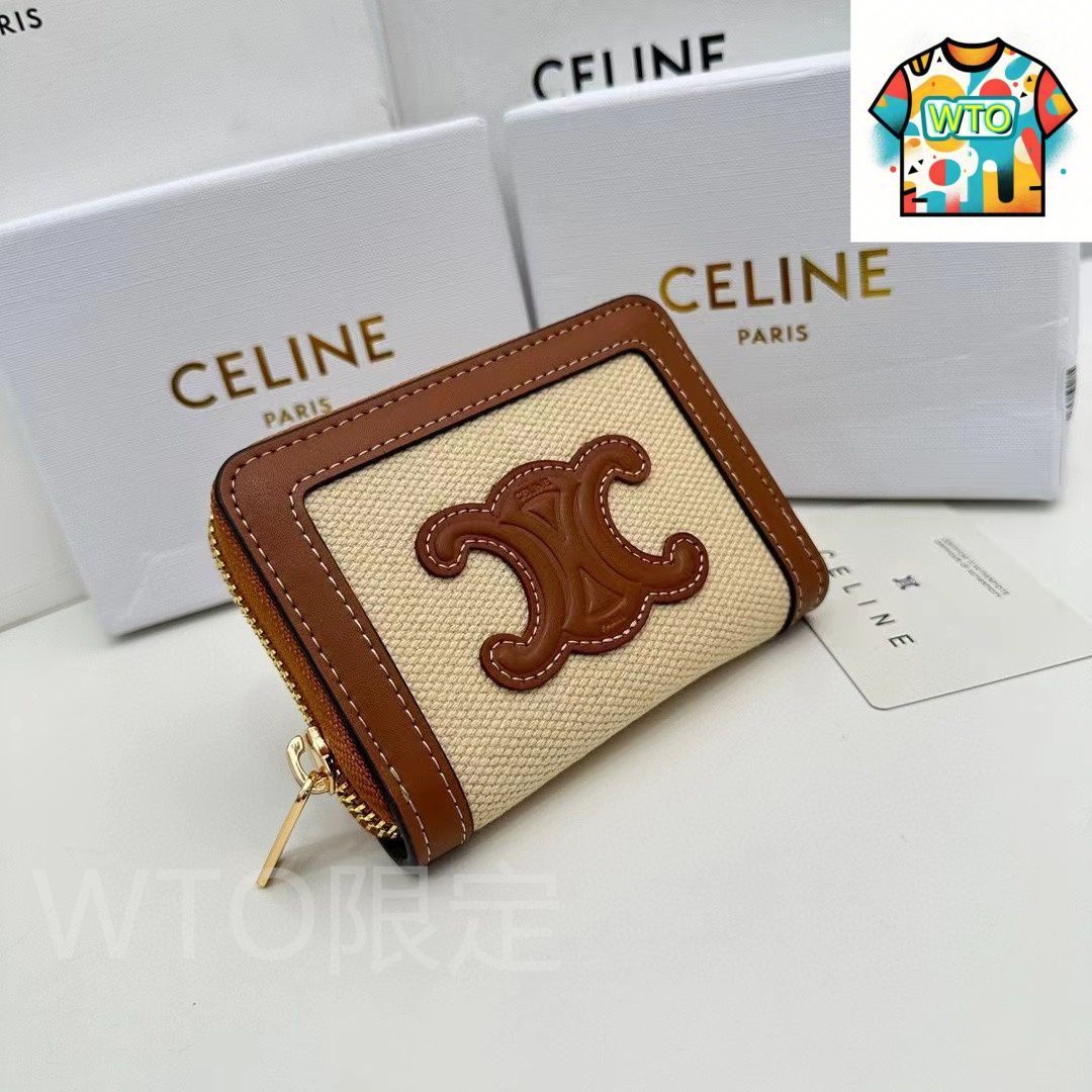 今日 Celine セリーヌ トリオンフ キュイル コンパクトジッパー財布 繊維と小牛皮製 多収納-WTO輸入2