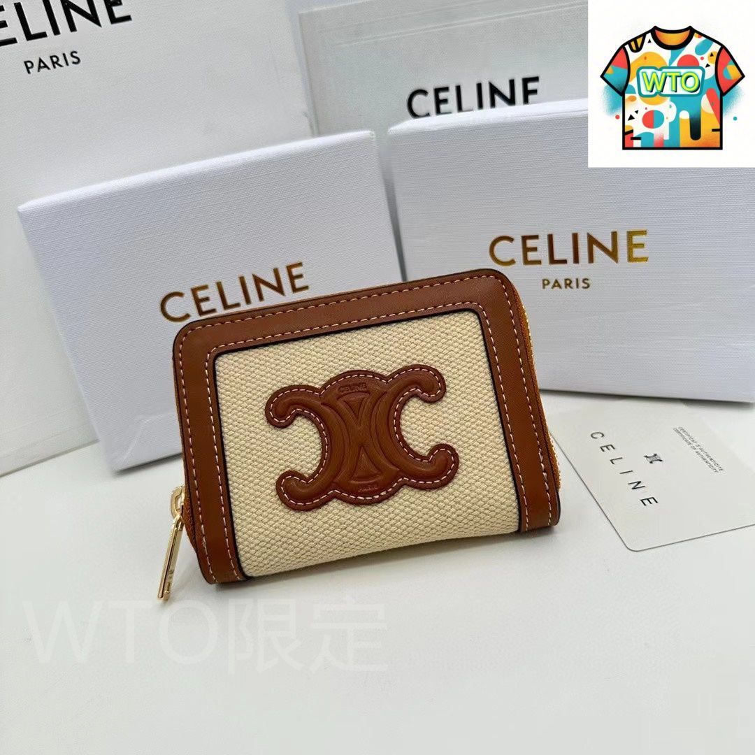 今日 Celine セリーヌ トリオンフ キュイル コンパクトジッパー財布 繊維と小牛皮製 多収納 WTO輸入2