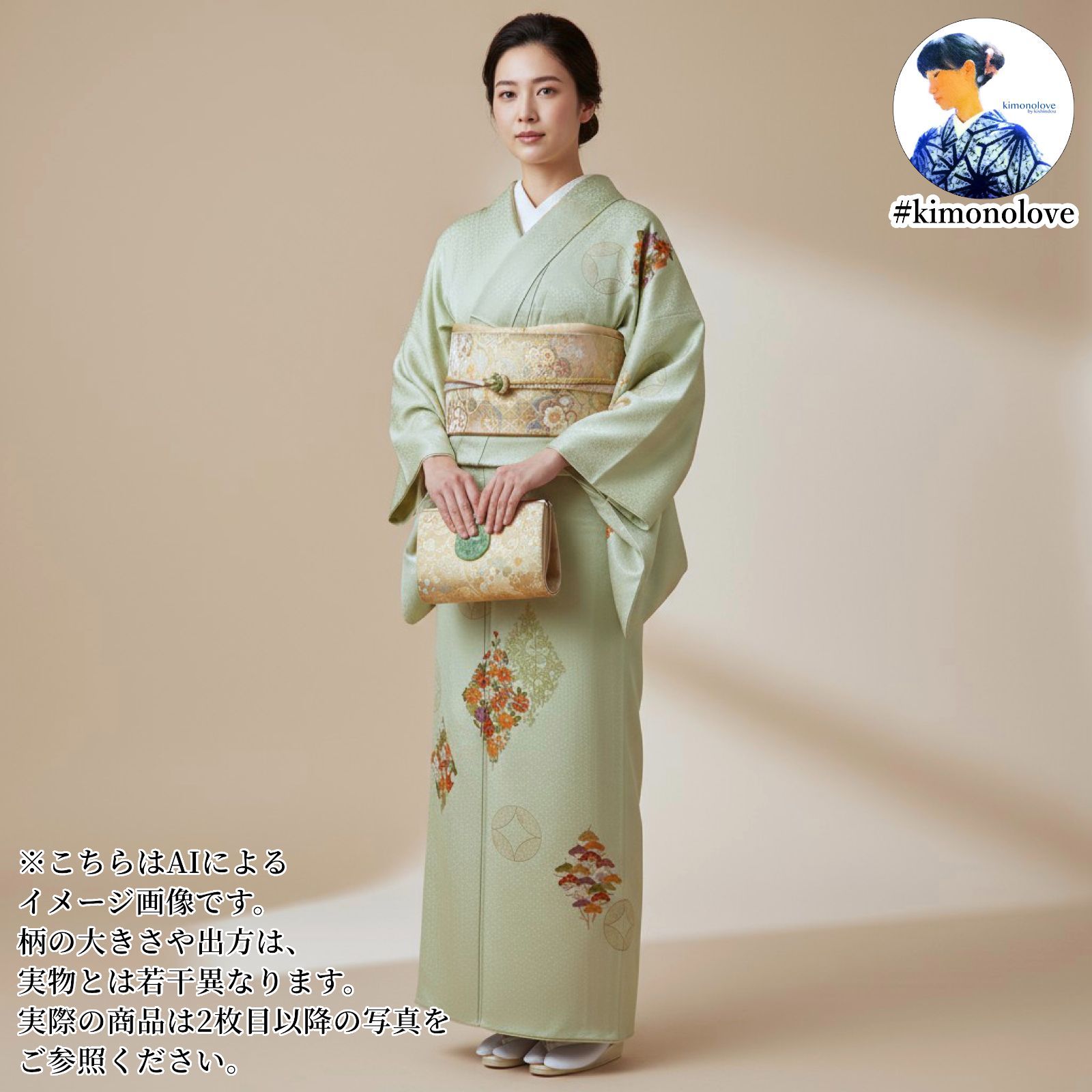 付下げ着物 袷 正絹 金彩 刺繍 菱に草花 七宝 ペールグリーン 着物