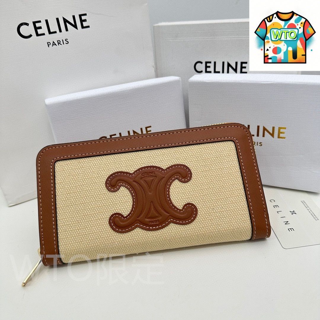 今日 Celine セリーヌ トリオンフ キュイル 大ジッパー財布 小牛皮と織物を使用 複数の収納スペースを備える-WTO輸入2