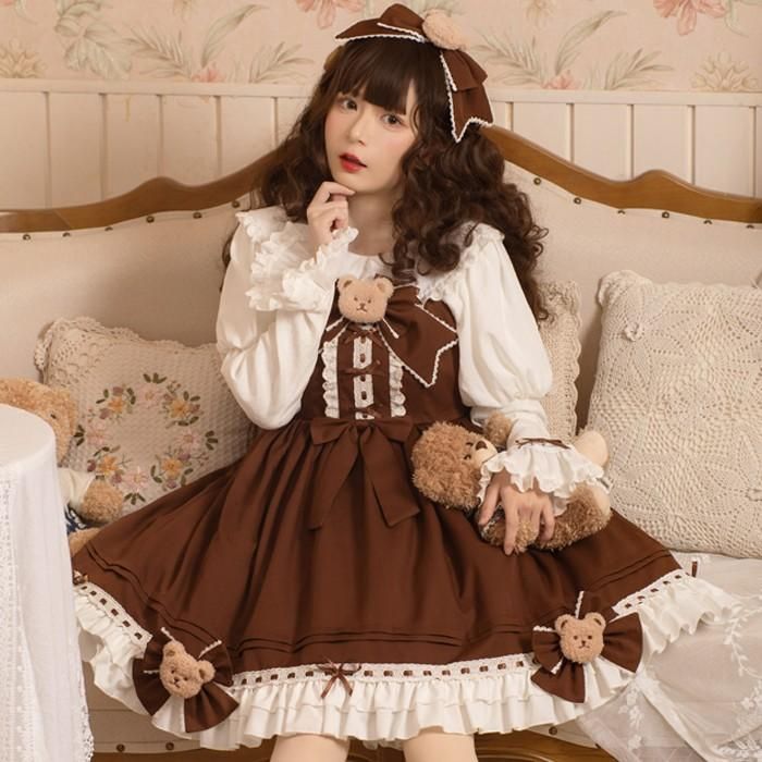 ワンピース ロリータ クマ ドレス コスプレ衣装 茶色 ジャンパースカート ブラウス 長袖 レトロ 中世紀 宮殿風 貴族風 リボン フリル 森ガール レディース