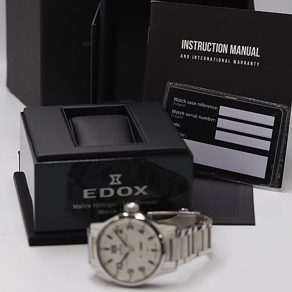  保 稼働 エドックス ラリータイマー ビッグデイト Ref 64009 QZ ホワイト文字盤 メンズ腕時計 2950200 11 ANT MST 腕時計(クォーツ) 腕時計(アナログ)