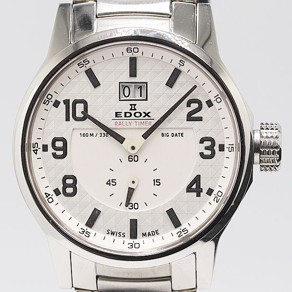 保 稼働 エドックス ラリータイマー ビッグデイト Ref.64009 QZ ホワイト文字盤 メンズ腕時計 2950200 11ANT MST ABC17230