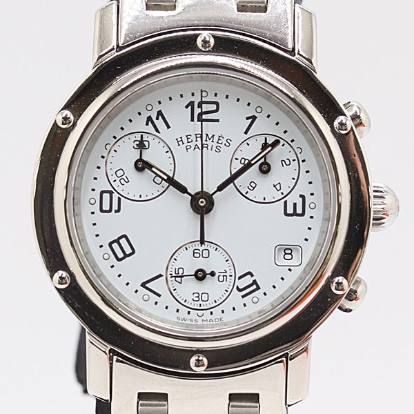 保 稼働 エルメス クリッパークロノグラフ CL1.310 QZ ホワイト文字盤 レディース腕時計 6857400 10KHT ABC17263 SMZ