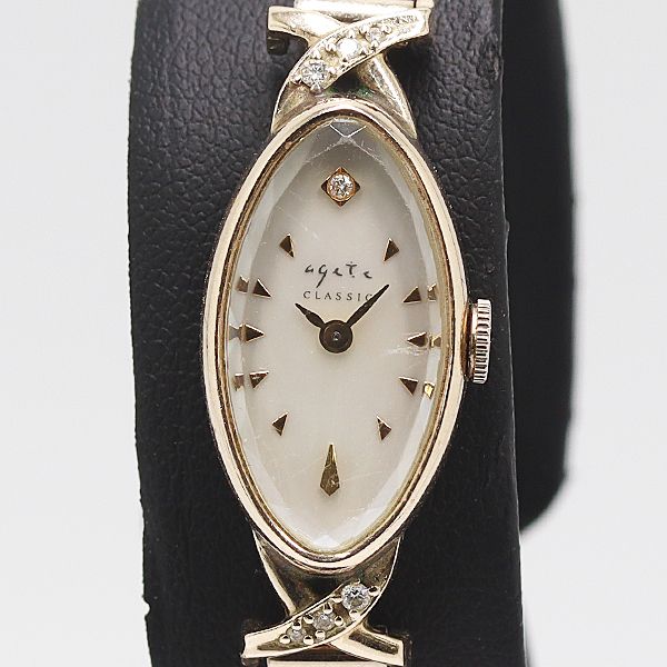 級 稼働 アガット オーバルフェイス ジュエリー K 10 20.3 g QZ シェル文字盤 レディース腕時計 0145200 BLT MST