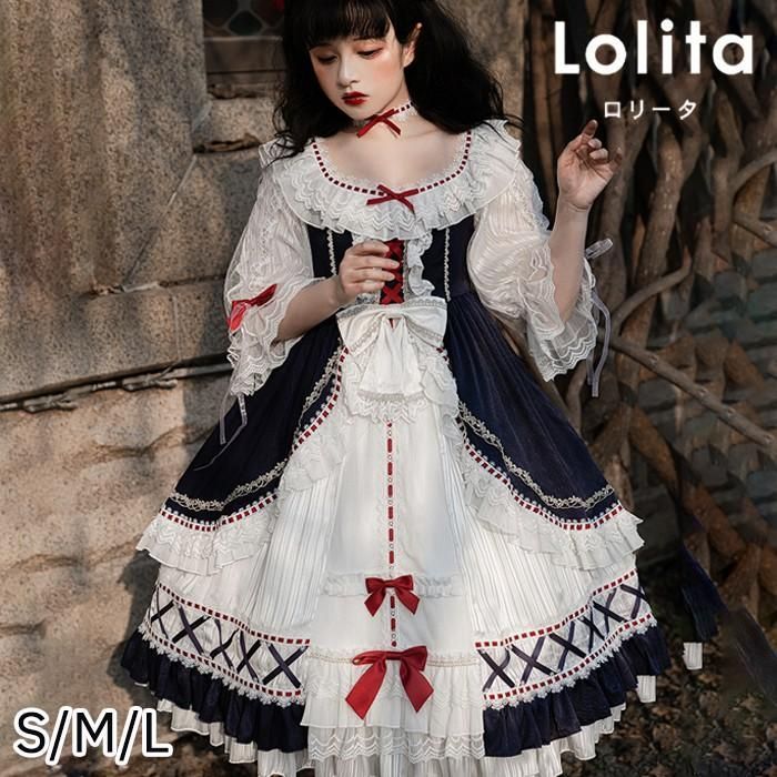 ロリータワンピース クラロリ ホワイト 白 レディース lolita リボン ロリータ 袖付き 膝丈 小柄