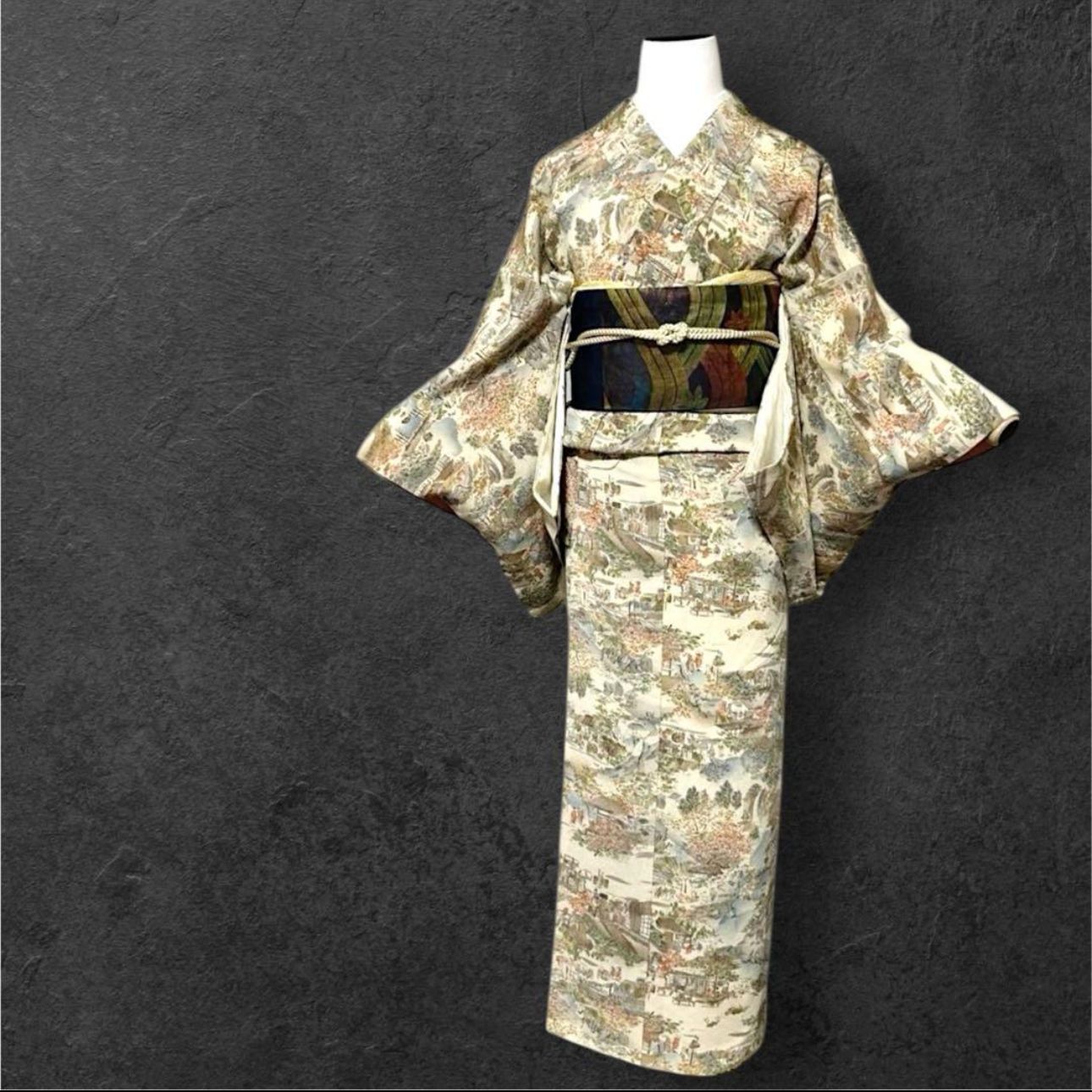 袷 正絹 作家 縮緬 小紋 フルセット 西陣唐織名古屋帯 Excellent Condition Lined Pure Silk Chirimen Komon Kimono Full Set