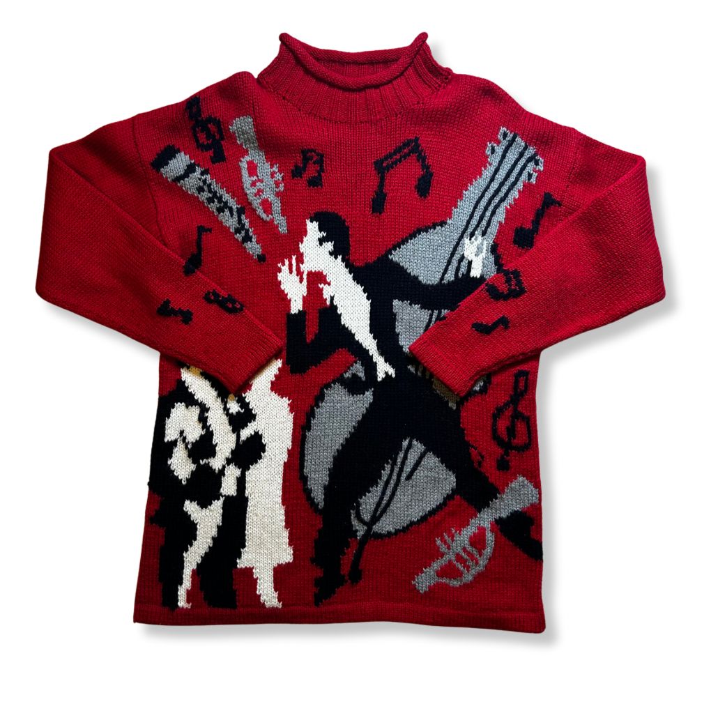KRIZIA クリツィア ジャズモチーフ アートニットセーター 赤 M イタリア製 音符柄 ミュージシャンデザイン 80 s 90 ビンテージ アクリルウール混