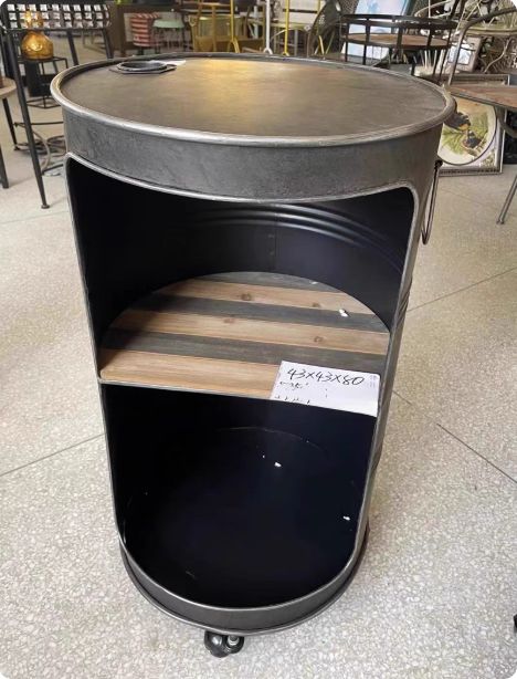 美式工業風オイルドラム型アイアンウッド製2段ラックキャスター付きサイドテーブルオーガナイザースタンド