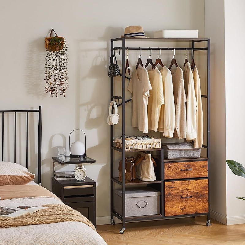 【Aibiju/ハンガーラック クローゼット ワードローブ 引き出し 棚付き】 Aibiju/ハンガーラック クローゼット ワードローブ 引き出し 棚付き