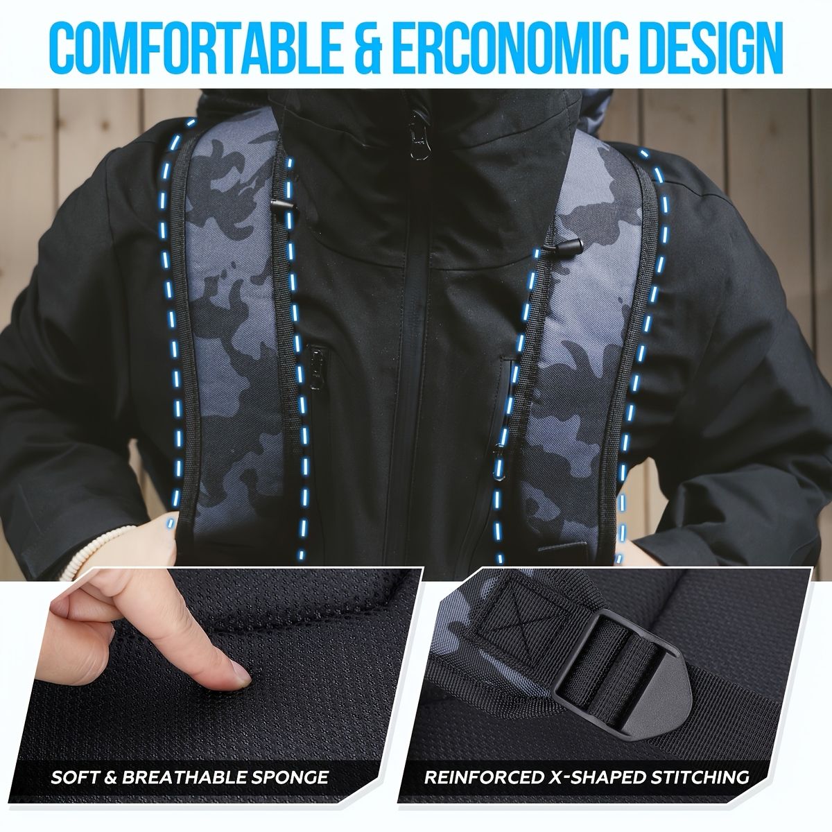 大容量＆ロッドホルダー付 アウトドアタックルバッグ 4個のタックルボックス付属 釣りバックパック フィッシングバッグ 釣り具収納 釣り用リュックサック ハイキング 父の日ギフト ブラックカモ