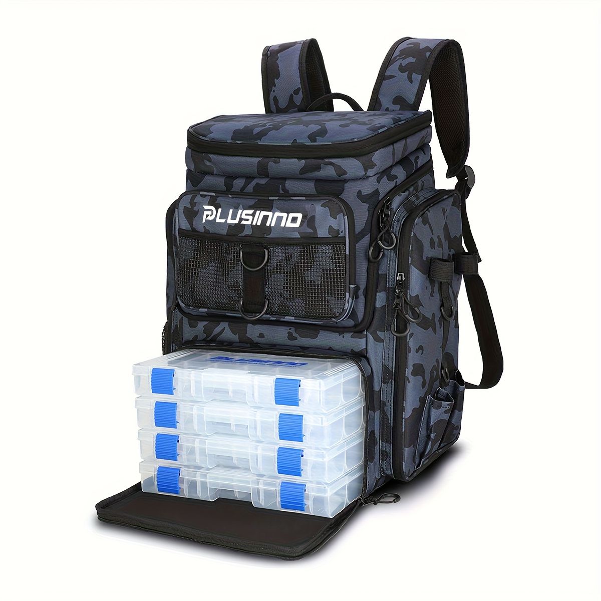 大容量&ロッドホルダー付 アウトドアタックルバッグ 4個のタックルボックス付属 釣りバックパック フィッシングバッグ 釣り具収納 釣り用リュックサック ハイキング 父の日ギフト ブラックカモ