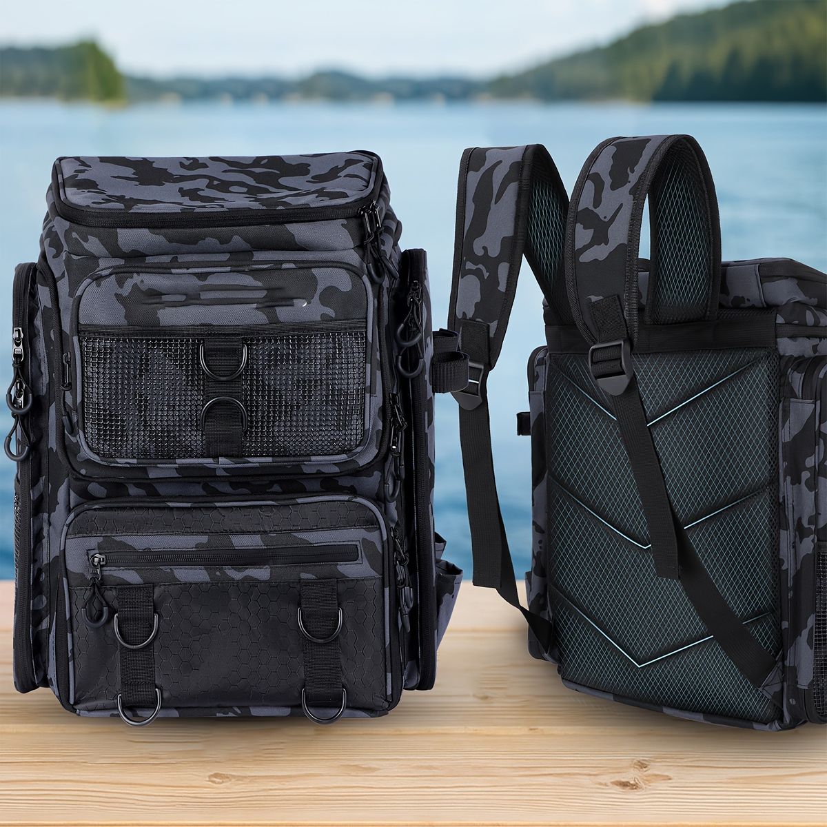大容量＆ロッドホルダー付 アウトドアタックルバッグ 4個のタックルボックス付属 釣りバックパック フィッシングバッグ 釣り具収納 釣り用リュックサック ハイキング 父の日ギフト ブラックカモ OLIVEOS_COM_TR