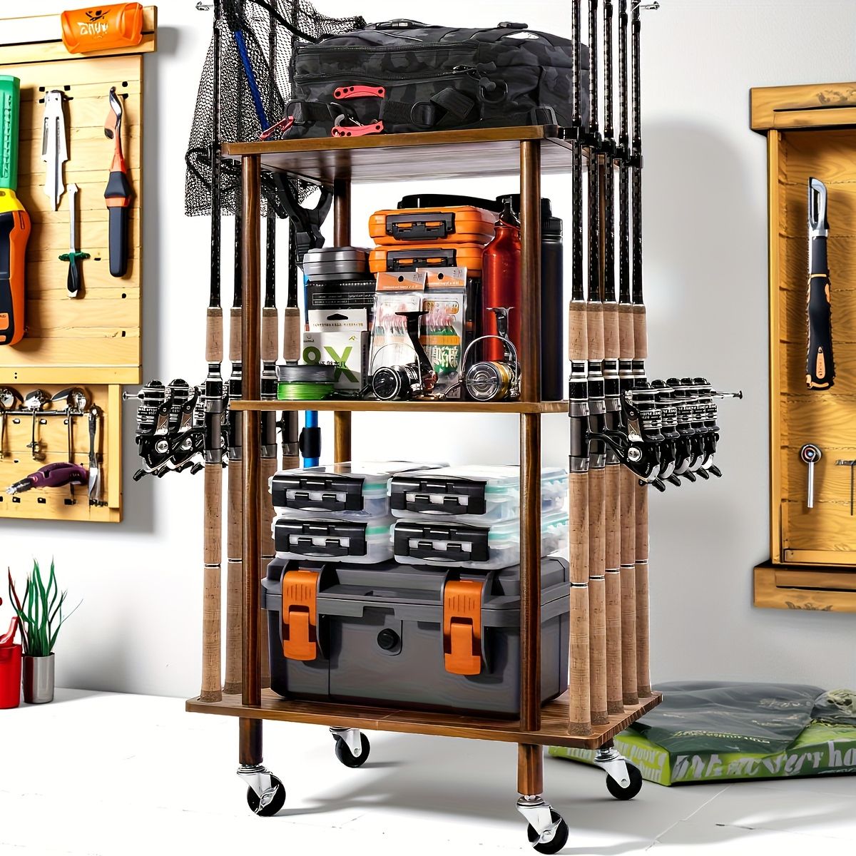 木製フレーム＆３段収納 ローリングストレージカート 釣り具 ルアー タックル整理に キャスター付き移動も楽々 工具不要 頑丈設計 茶色 おしゃれ 釣り好き必見 ギフトにも 3段 OLIVEOS_COM_TR