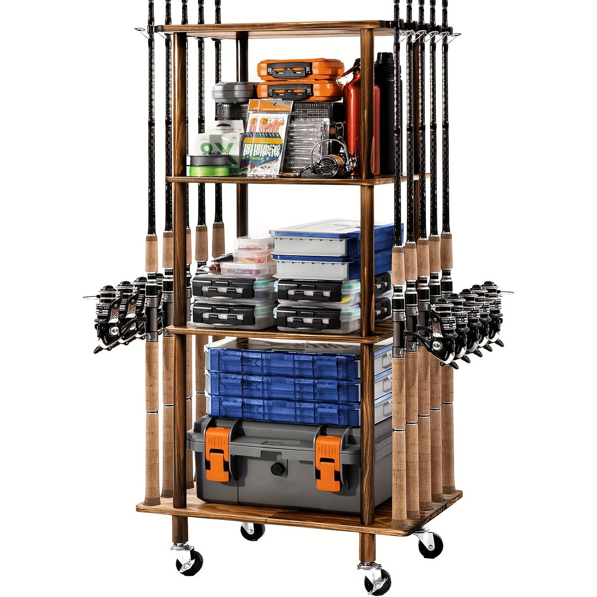 木製フレーム＆３段収納 ローリングストレージカート 釣り具 ルアー タックル整理に キャスター付き移動も楽々 工具不要 頑丈設計 茶色 おしゃれ 釣り好き必見 ギフトにも 4段