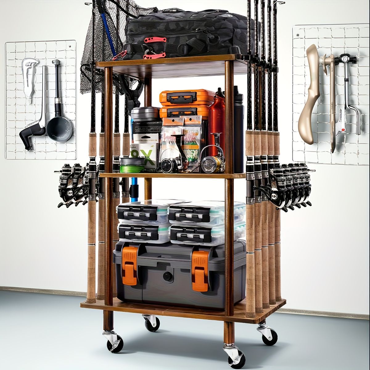 木製フレーム＆３段収納 ローリングストレージカート 釣り具 ルアー タックル整理に キャスター付き移動も楽々 工具不要 頑丈設計 茶色 おしゃれ 釣り好き必見 ギフトにも 3段