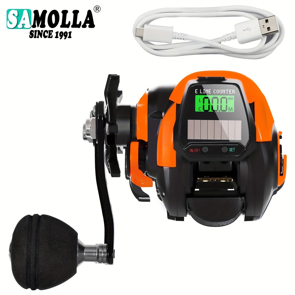 デジタル表示&アラーム機能 精密カウンター付き 釣りリール ソーラー USB充電 7.2 1ギア比 10kg耐力 7 1BB 海釣り 淡水釣り対応 ミッドフィードアラーム 深メモリ機能 オレンジ左ハンドル