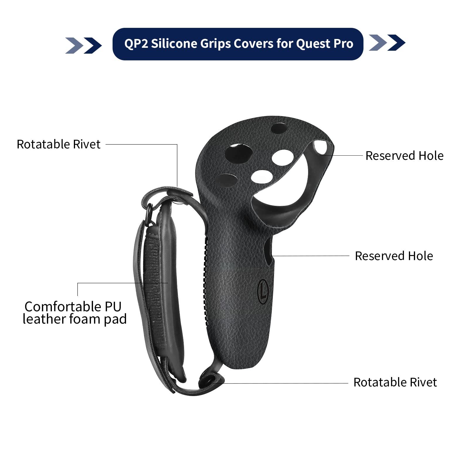 Globular Cluster QP 2 シリコングリップカバー Meta Quest Proコントローラー用 シリコングリップカバープロテクター ナックルストラップ付き PUレザークッションパッド付き ブラック