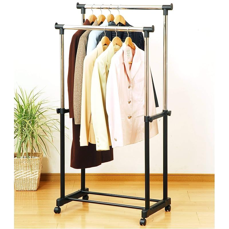 キャスター付きメタル製ハンガーラック 山善(YAMAZEN) ハンガーラック ダブル キャスター付き 全体耐荷重25kg