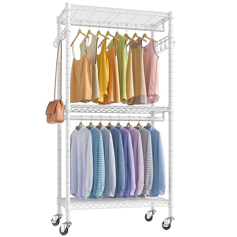 Hicrifth ハンガーラック 頑丈 洋服ラック 大容量 キャスター付き 棚付き 耐荷重200 kg クローゼット ワードローブ ２段 洋服掛け 防サビ加工 組み立て簡単 高さ調節 省スペース おしゃれ ハンガーかけ コートハンガー 洋服収納 幅74×奥 0