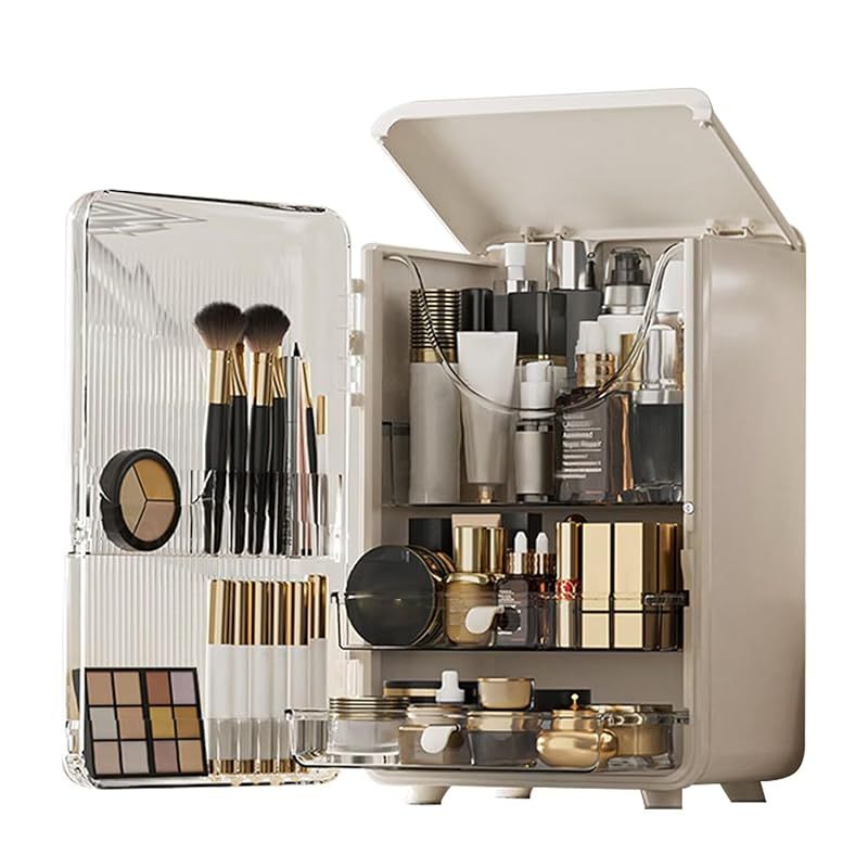 メイクボックス コスメ収納 組立不要 防塵 引き出し付き 大容量 クリア透明 マグネットゲートです 両開きドア 滑り止め足付 仕切りあり アクセサリーケース 女性へのギフト向け 縦縞デザイ