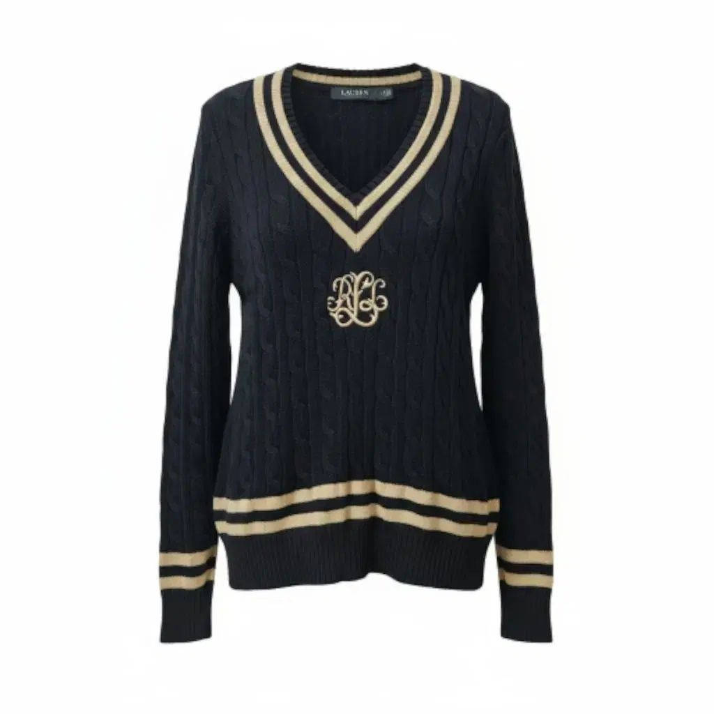 ポロラルフローレン Vネック ケーブルセーター ゴールド刺繍 BLACK LABEL m