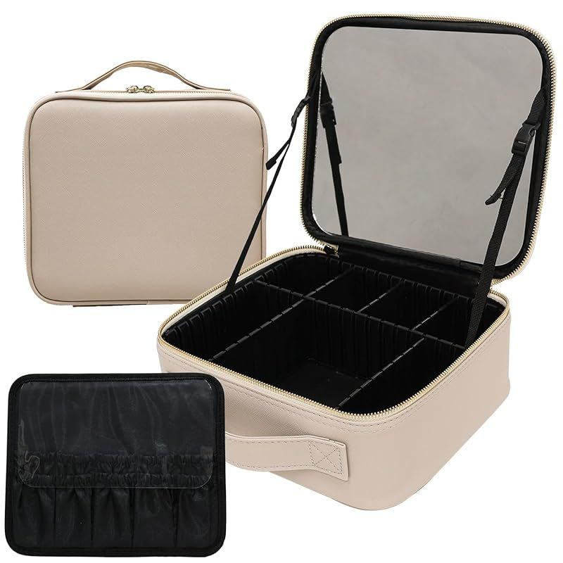 [MRG] 鏡付きメイクボックス オリジナルカラー 大容量 メイクポーチ コスメボックス 持ち運び 鏡付き プロ用 自立式 仕切り調整可能 メイク収納 コンパクト 化粧ポーチ 手持ち コスメ収納 オ