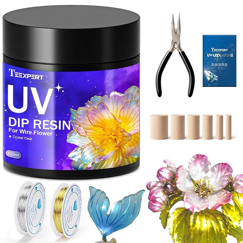 Teexpert LEDフラワー ディップレジン液 100g 大容量 ディップアートレジン フラワーアクセサリー UVレジン液 ハンドメイド レジンクラフト コーティング液 着色も可能 取扱説明書付き 1