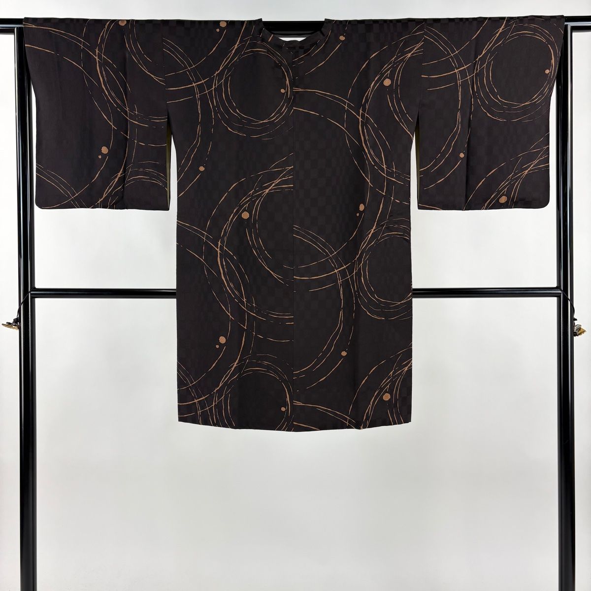 道行 身丈97 cm 裄丈65 M 和装コート 角衿 幾何学 地紋 焦茶色 正絹 秀品