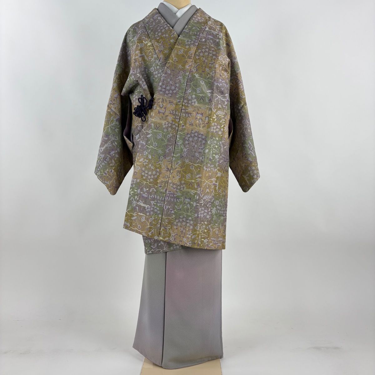 道中着 身丈94 cm 裄丈65 M 和装コート 狩猟文 草花 ぼかし 灰紫 正絹 秀品