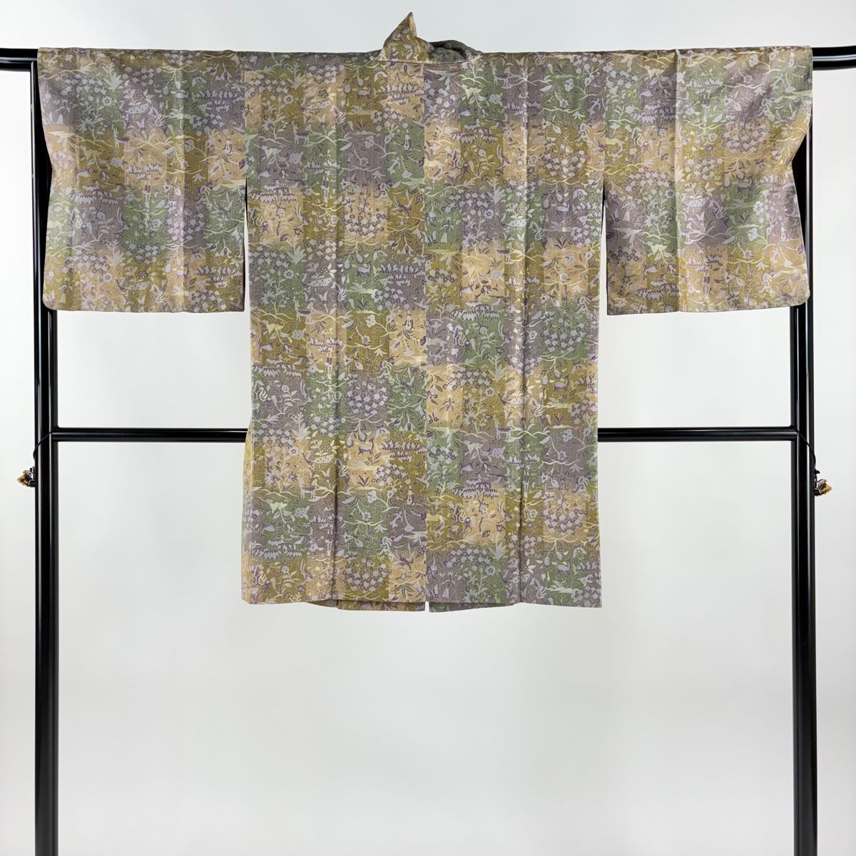 道中着 身丈94 cm 裄丈65 M 和装コート 狩猟文 草花 ぼかし 灰紫 正絹 秀品