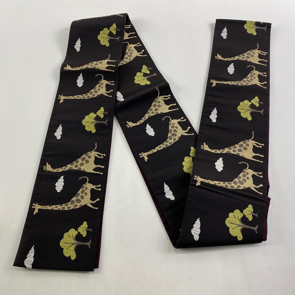  半幅帯 キリン 樹木 焦茶色 正絹 半巾 半幅 小袋帯 帯