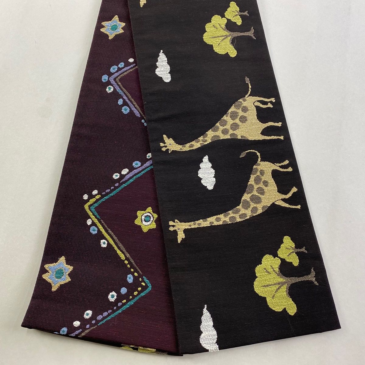 半幅帯 キリン 樹木 焦茶色 正絹