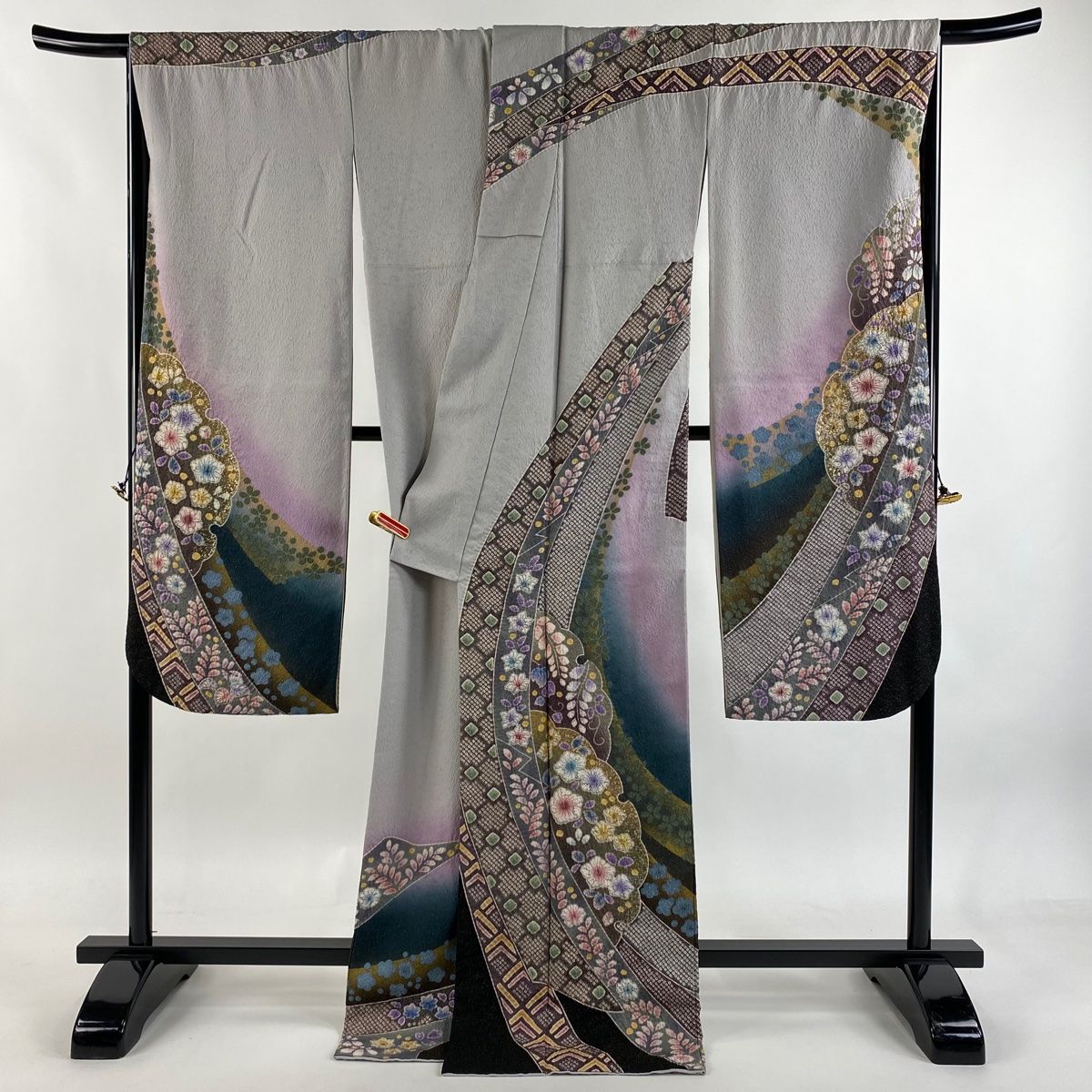 振袖 身丈174 cm 裄丈68 5 L 袷 辻が花 雪輪 金通し 金銀彩 灰色 正絹 振袖 着物